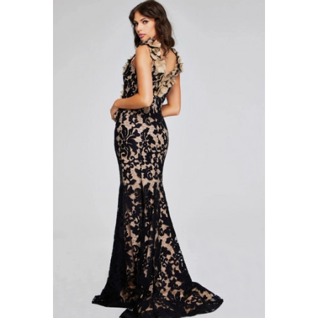 princess polly baby blue dress Elegant Floral Lace Evening Gown with 3D Flowers Size 00 Color Black/Nude