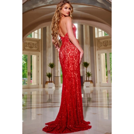 open lace back dress Jovani Embroidered Long Prom Dress with Sequins Red / 10 main image 1