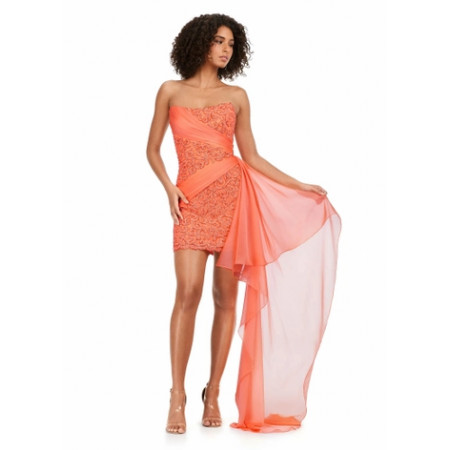 open lace back dress ASHLEYlauren 11236 - Red/Coral Floral Beaded Gown