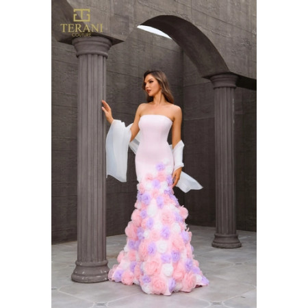pink terani dress Terani Couture 241E2405 Trumpet Strapless Jacquard Pink Sparkly Column Evening Dress Pink / 14