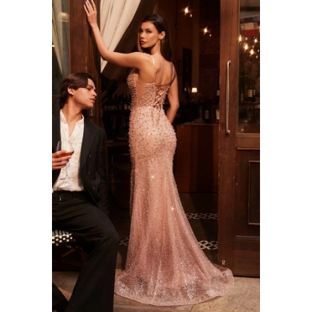 rose gold cinderella dress Elegant Beaded Evening Gown with Side Slit Size 0 Color EU38/US7.5