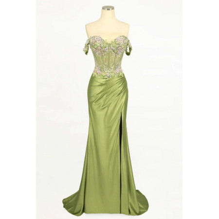 Ladivine CD745 Off-Shoulder Floral Embellished Gown Size 0 Color Blue