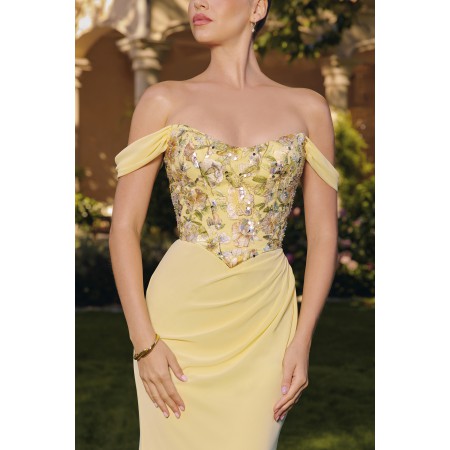 T721 by Amoris - Embroidered Chiffon Off Shoulder Gown