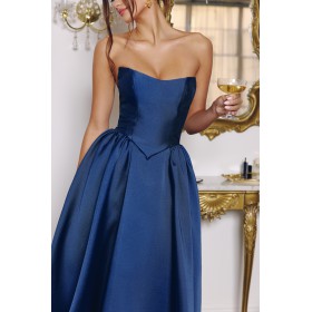 T822 by Amoris - Satin Strapless Tea Length Dress