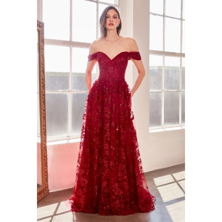 T607 by Amoris - Glitter Print Off Shoulder Gown
