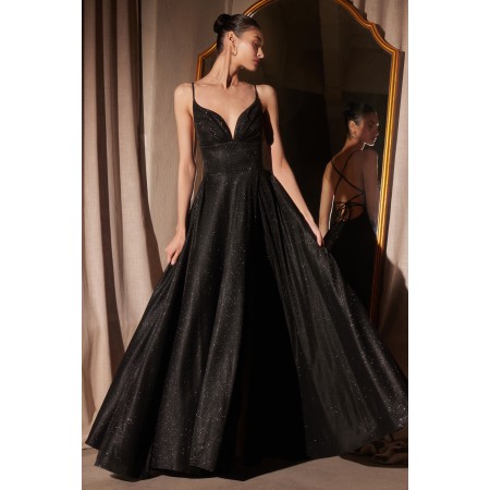 T214 by Amoris - Glitter V-Neck A-line Slit Gown