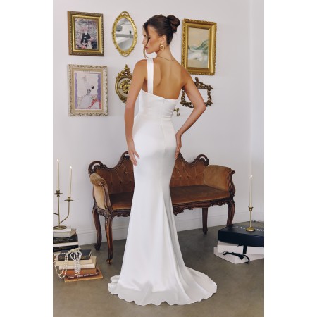 T727W by Amoris - White Satin Fitted One Shoulder Gown