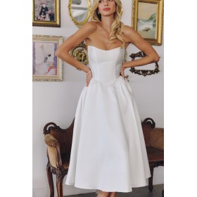 T822W by Amoris - White Mikado Strapless Midi Dress