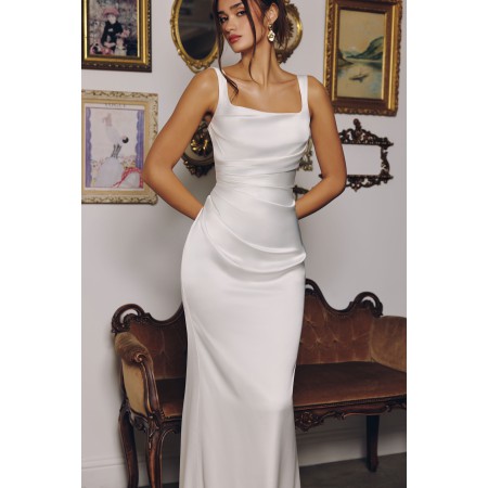 T729W by Amoris - White Satin Fitted Sleeveless Gown