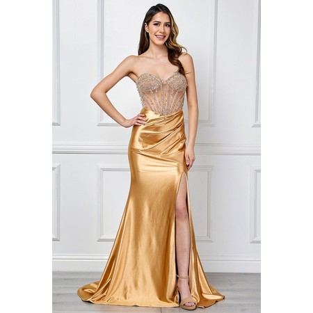 Amelia Couture 4049 Beaded Satin Bare Shoulder Slit Gown Style 4049