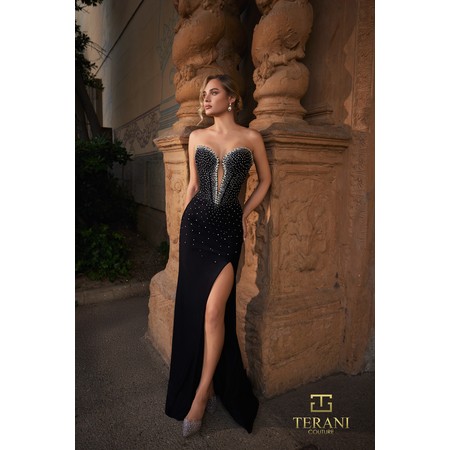 Terani 261P6030 Deep Curved Bodice Slinky Jersey Bodycon Formal Gown W