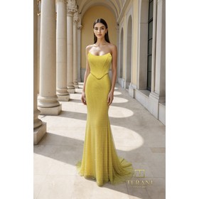 Terani 261P6187 Draped Cowl Neck Fishnet Bodycon Formal Gown