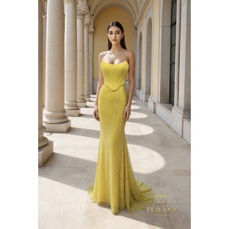 Terani 261P6187 Draped Cowl Neck Fishnet Bodycon Formal Gown