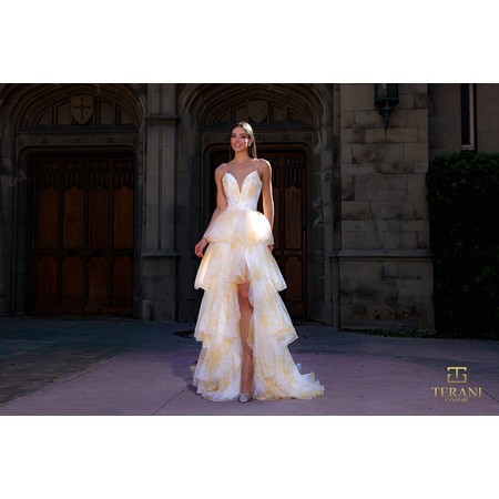 Terani 261P6673 Deep Heart-Shaped Printed Chiffon Tiered High-Low Ball