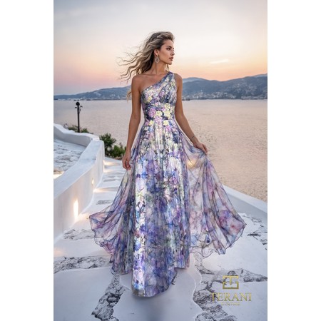 Terani 261P6696 Asymmetric One-Shoulder Printed Chiffon Flared Formal 