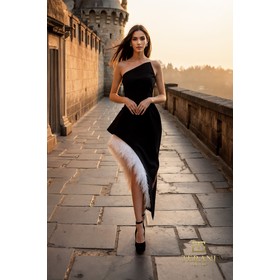 Terani 261C6723 Asymmetric Crepe & Feather High-Low Evening Dress