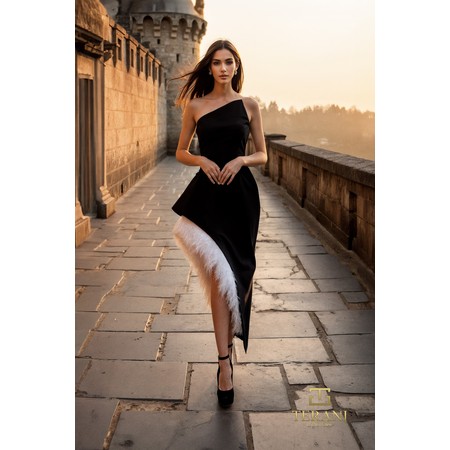 Terani 261C6723 Asymmetric Crepe & Feather High-Low Evening Dress