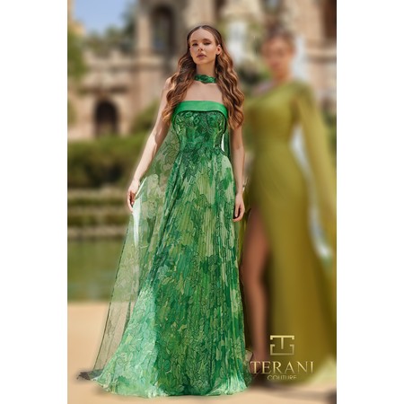 Terani 261E6093 Bare Shoulder Printed Chiffon Flared Evening Wear