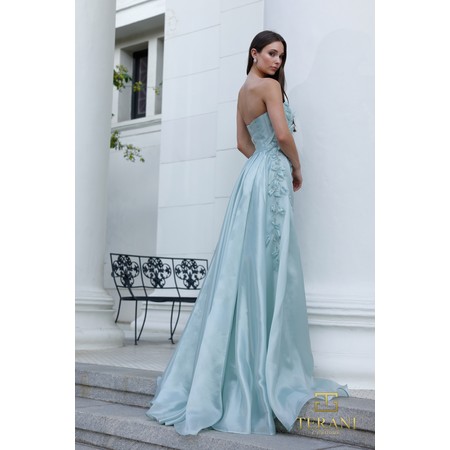 strapless open back dress Princess Cut Night Gown With A One-Sided Flared Dentelle Sleeve – SAMAR  ABOU RAAD main image 0