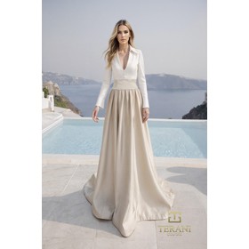 Terani 261E6204 Angular Matte Tafetta Flowing Evening Wear With Long S