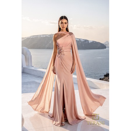 Terani 261E6205 Asymmetric Chiffon Column Formal Gown With Cape Sleeve