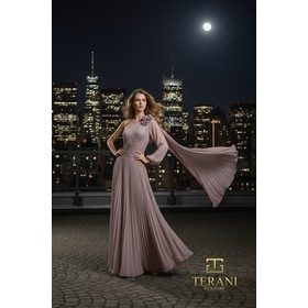 Terani 261E6206 One Side Chiffon Flowing Formal Gown With Long Sleeve