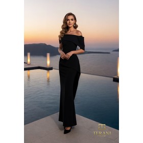 Terani 261E6213 Off-Shoulder 2-Way Stretch Satin Column Gown
