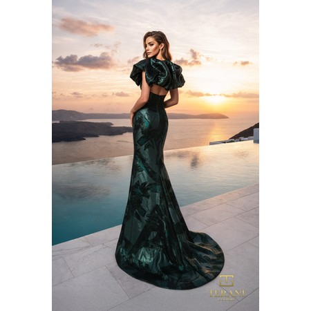 Terani 261E6268 Deep V Jacquard Column Formal Gown With Split
