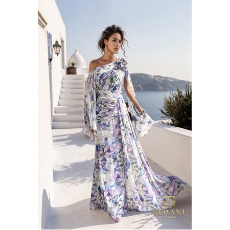 Terani 261E6644 One Side Printed Chiffon Flowing Formal Gown With Flut