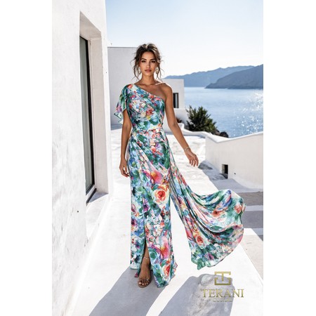 Terani 261E6646 Asymmetric Printed Chiffon Column Formal Gown With Flu