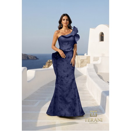 Terani 261E6678 Ruffled One-Shoulder Jacquard Fishtail Gown With Split
