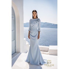 Terani 261E6701 High Boat Neck Crepe Slim Fit Formal Gown With 3/4 Sle