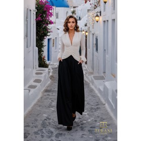 Terani 261E6718 Deep V Tafetta Wide-Leg Pantsuit With Full Sleeves