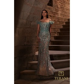 Terani 261GL6373 Off-Shoulder Beaded Tulle Fit And Flare Formal Evenin