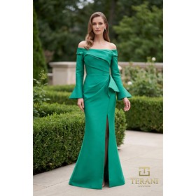 Terani 261M6412 Bardot Stretch Mikado Column Formal Gown With Long Sle