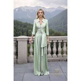 Terani 261M6418 Collared Deep V Matte Tafetta Flowing Formal Evening G