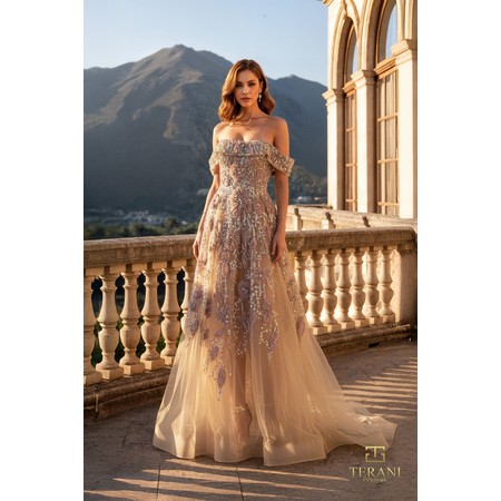Terani 261M6435 Off-Shoulder Gem-Adorned Tulle Flowing Formal Gown