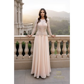 Terani 261M6439 Boat Neck Chiffon & Detailed Flared Evening Wear With 