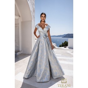 Terani 261M6443 Deep V Jacquard Flowing Formal Evening Gown