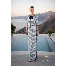 Terani 261M6477 Round Neck Tweed Mock 2-Piece Gown With 3/4 Sleeves An