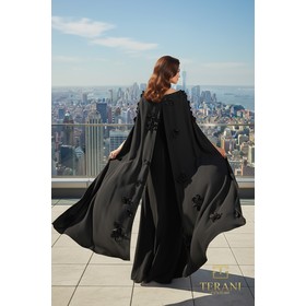 Terani 261M6687 Boat Neck Crepe Evening Wear With Cape Sleeves