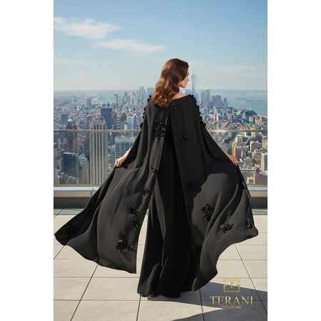 Terani 261M6687 Boat Neck Crepe Evening Wear With Cape Sleeves