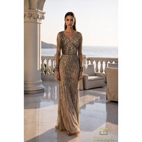 Terani 261M6727 V-Neck Beaded Tulle Column Gown With Long Sleeves