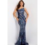 JOVANI 49137A One Shoulder Geometric Shimmeringing Gown