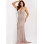 JOVANI 49818A Striped Rhinestone Plunging Sleek Evening Gown