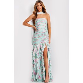JOVANI 47580A Textured Skirt Straight Across Floral Gown