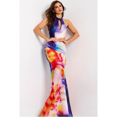JOVANI 42559A Tied Neck Keyhole Printed Prom Evening Wear