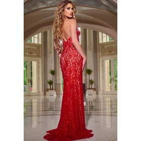 JOVANI 42724A Detailed Overlay Plunging Halterneck Prom Gown