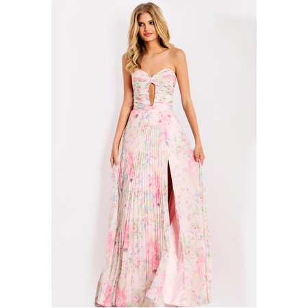 JOVANI 44518A Floral Pleated Chiffon Princess Cut Evening Dress